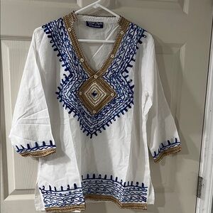 White and Blue Embroidered Women's Tunic